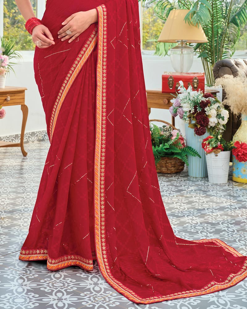 Vishal Prints Red Maroon Designer Fancy Chiffon Saree With Embellished Work And Embroidery Fancy Border