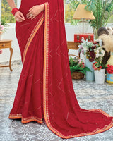 Vishal Prints Red Maroon Designer Fancy Chiffon Saree With Embellished Work And Embroidery Fancy Border