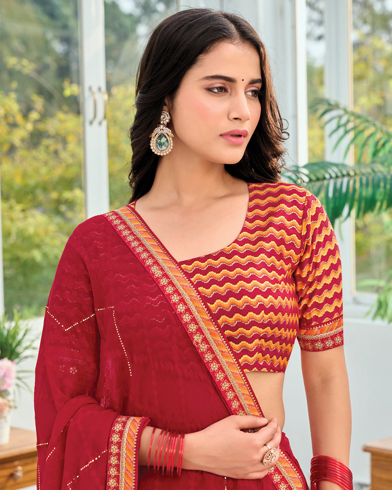 Vishal Prints Red Maroon Designer Fancy Chiffon Saree With Embellished Work And Embroidery Fancy Border