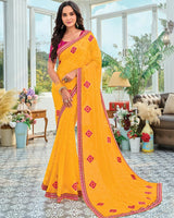 Vishal Prints Golden Yellow Designer Fancy Chiffon Saree With Patch Work And Embroidery Fancy Border