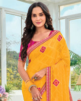 Vishal Prints Golden Yellow Designer Fancy Chiffon Saree With Patch Work And Embroidery Fancy Border