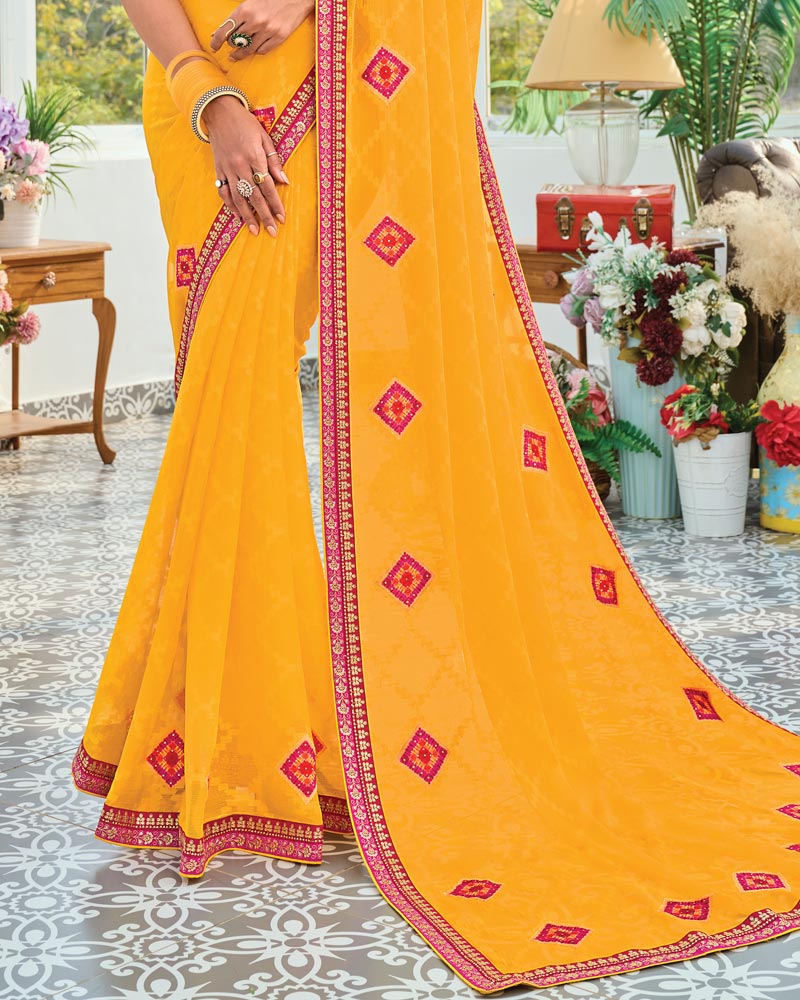Vishal Prints Golden Yellow Designer Fancy Chiffon Saree With Patch Work And Embroidery Fancy Border