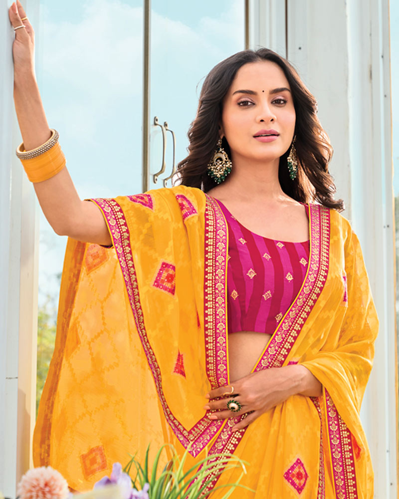 Vishal Prints Golden Yellow Designer Fancy Chiffon Saree With Patch Work And Embroidery Fancy Border