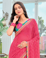 Vishal Prints French Rose Pink Designer Fancy Chiffon Saree With Embellished Work And Embroidery Fancy Border