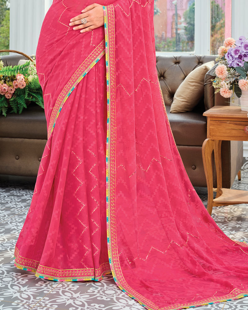 Vishal Prints French Rose Pink Designer Fancy Chiffon Saree With Embellished Work And Embroidery Fancy Border