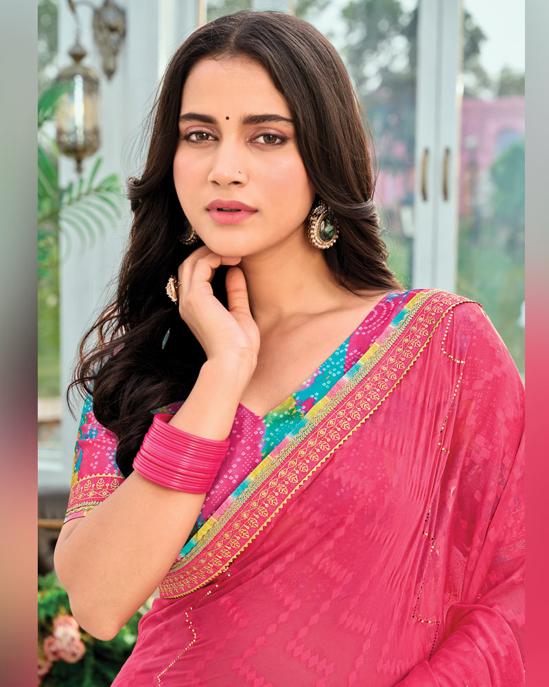 Vishal Prints French Rose Pink Designer Fancy Chiffon Saree With Embellished Work And Embroidery Fancy Border