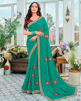 Vishal Prints Persian Green Designer Fancy Chiffon Saree With Patch Work And Embroidery Fancy Border