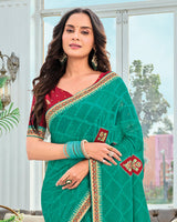Vishal Prints Persian Green Designer Fancy Chiffon Saree With Patch Work And Embroidery Fancy Border