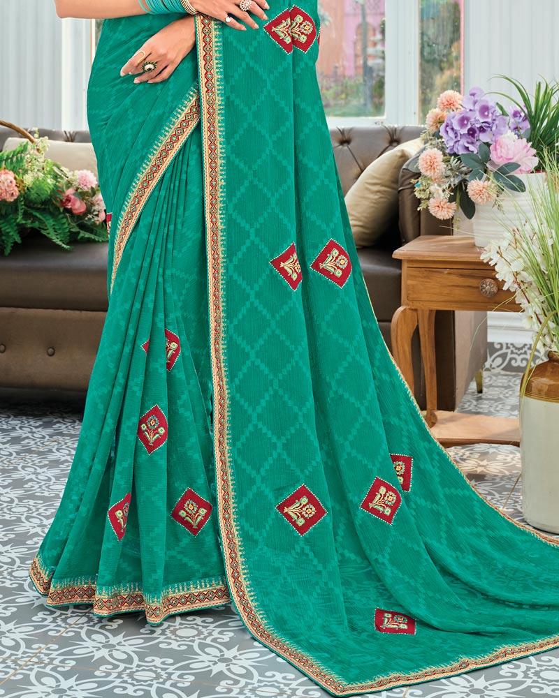 Vishal Prints Persian Green Designer Fancy Chiffon Saree With Patch Work And Embroidery Fancy Border