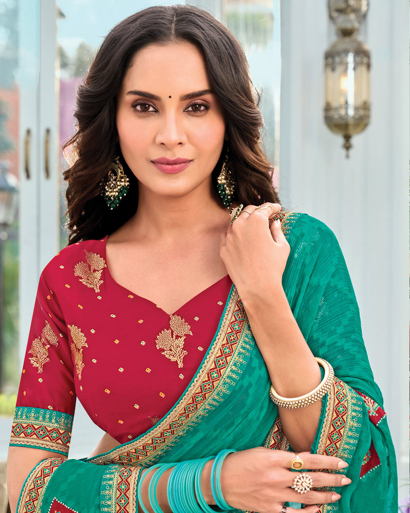 Vishal Prints Persian Green Designer Fancy Chiffon Saree With Patch Work And Embroidery Fancy Border