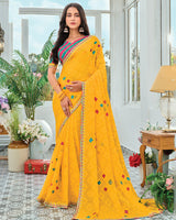 Vishal Prints Golden Yellow Designer Fancy Chiffon Saree With Embellished Work And Embroidery Fancy Border