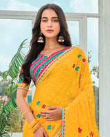 Vishal Prints Golden Yellow Designer Fancy Chiffon Saree With Embellished Work And Embroidery Fancy Border