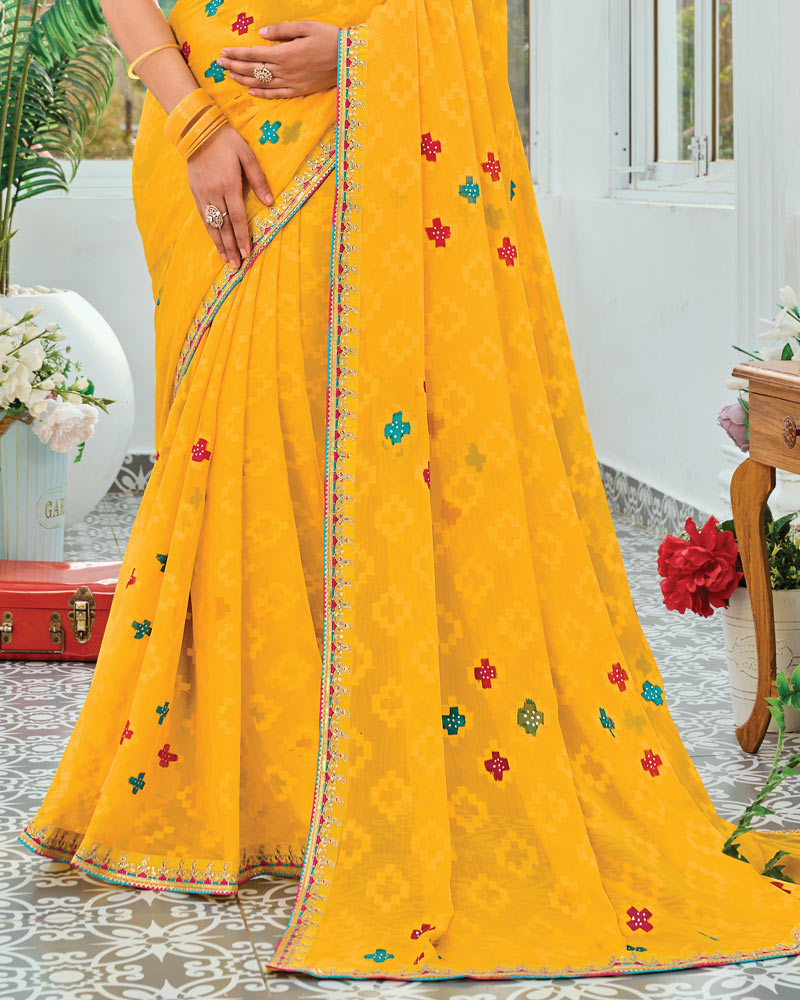 Vishal Prints Golden Yellow Designer Fancy Chiffon Saree With Embellished Work And Embroidery Fancy Border