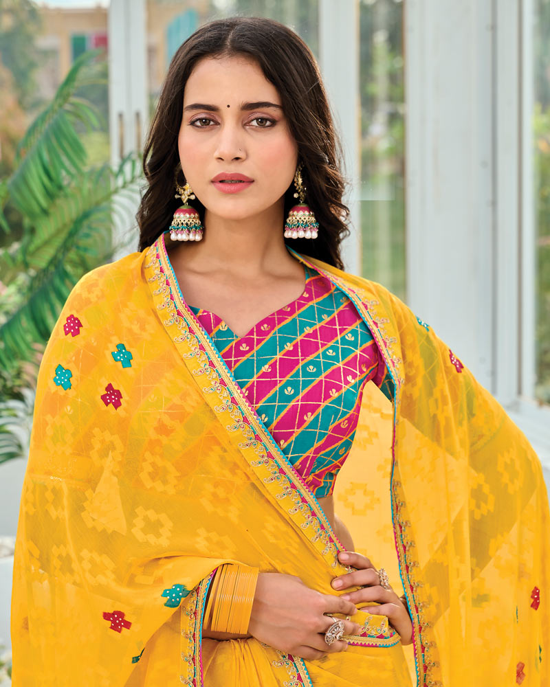 Vishal Prints Golden Yellow Designer Fancy Chiffon Saree With Embellished Work And Embroidery Fancy Border