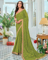 Vishal Prints Mehandi Green Designer Fancy Chiffon Saree With Embellished Work And Embroidery Fancy Border