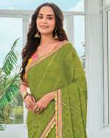 Vishal Prints Mehandi Green Designer Fancy Chiffon Saree With Embellished Work And Embroidery Fancy Border