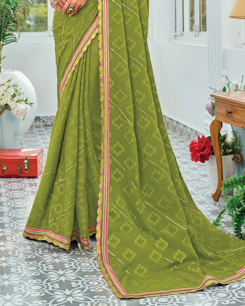 Vishal Prints Mehandi Green Designer Fancy Chiffon Saree With Embellished Work And Embroidery Fancy Border