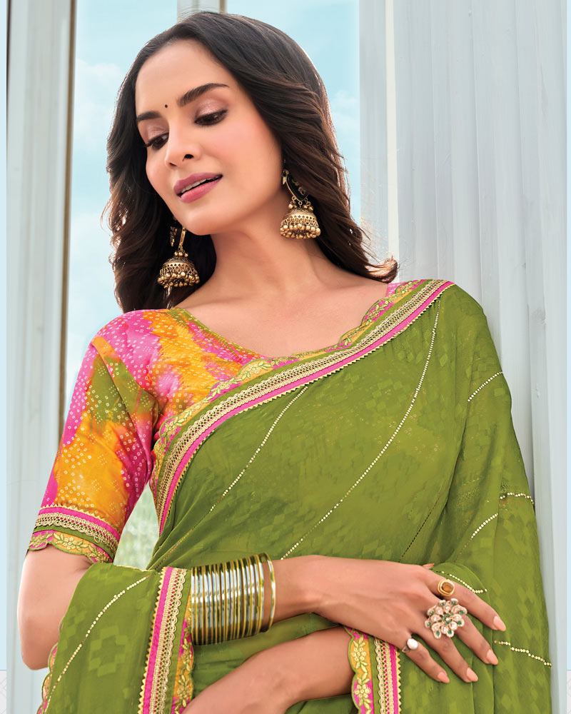 Vishal Prints Mehandi Green Designer Fancy Chiffon Saree With Embellished Work And Embroidery Fancy Border
