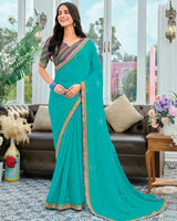 Vishal Prints Eastern Blue Designer Fancy Chiffon Saree With Embellished Work And Embroidery Fancy Border