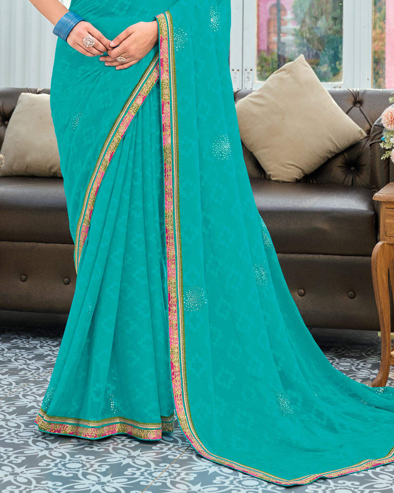 Vishal Prints Eastern Blue Designer Fancy Chiffon Saree With Embellished Work And Embroidery Fancy Border
