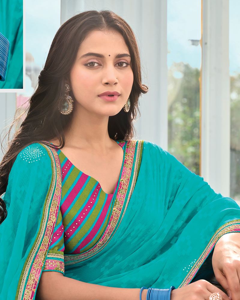 Vishal Prints Eastern Blue Designer Fancy Chiffon Saree With Embellished Work And Embroidery Fancy Border