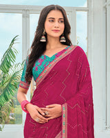 Vishal Prints Purplish Red Designer Fancy Chiffon Saree With Embellished Work And Embroidery Fancy Border