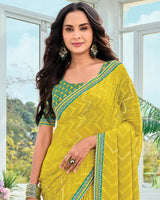 Vishal Prints Mustard Yellow Designer Fancy Chiffon Saree With Embellished Work And Embroidery Fancy Border