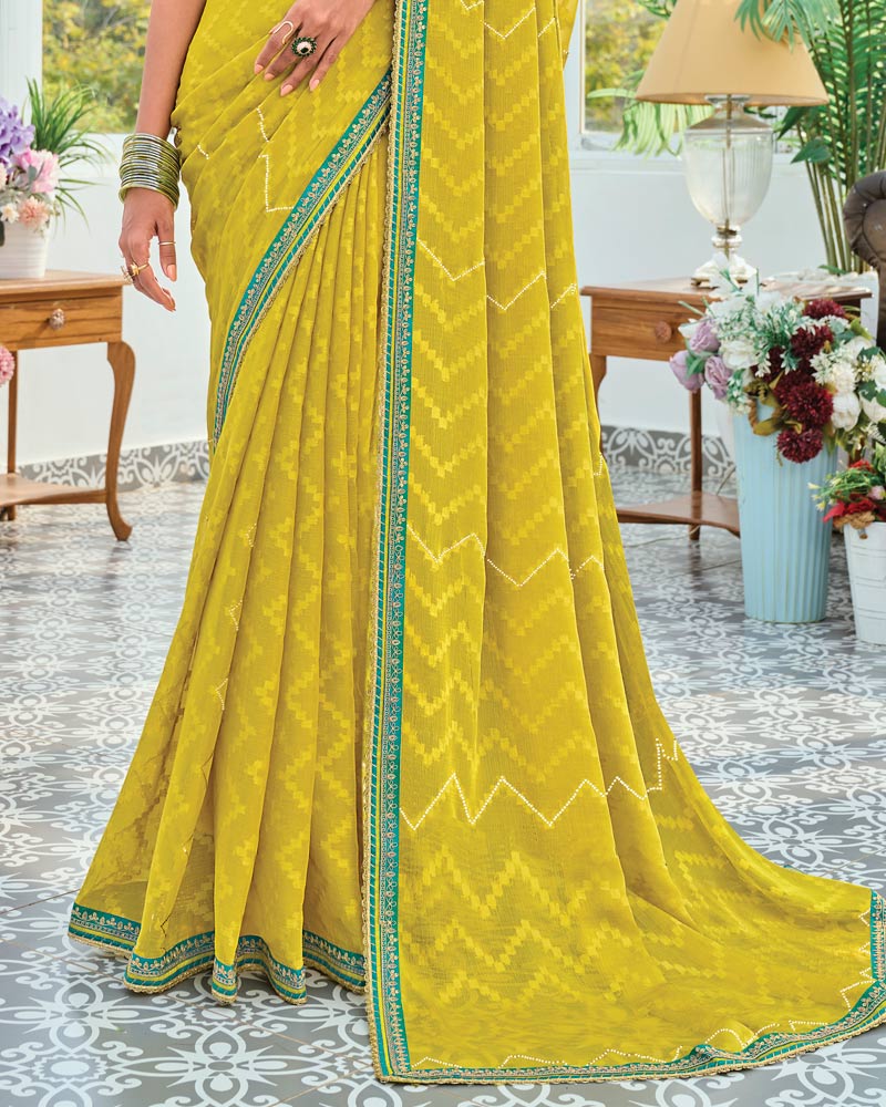 Vishal Prints Mustard Yellow Designer Fancy Chiffon Saree With Embellished Work And Embroidery Fancy Border
