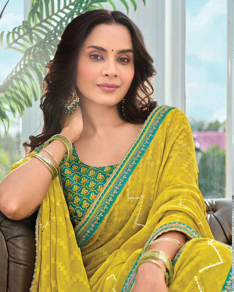 Vishal Prints Mustard Yellow Designer Fancy Chiffon Saree With Embellished Work And Embroidery Fancy Border
