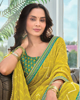 Vishal Prints Mustard Yellow Designer Fancy Chiffon Saree With Embellished Work And Embroidery Fancy Border