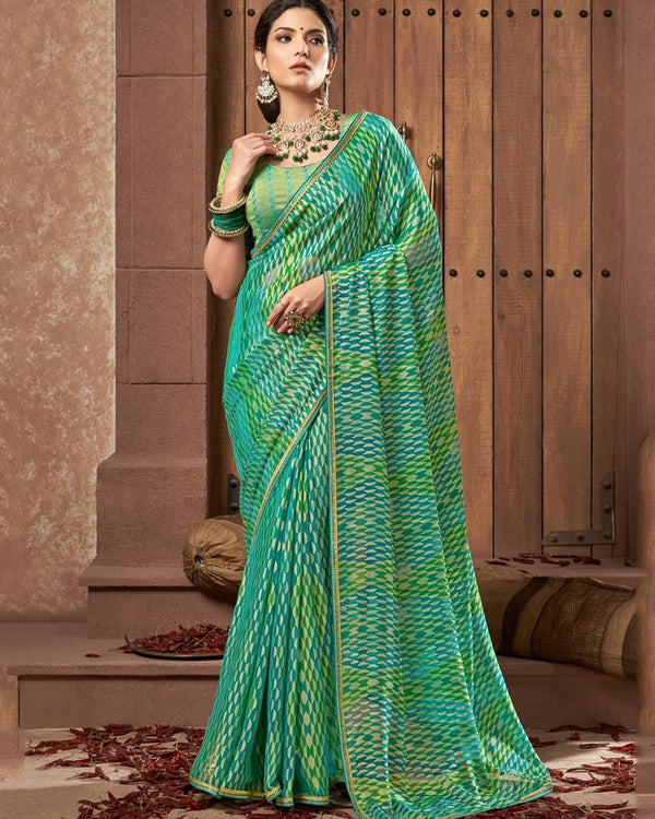 Vishal Prints Dark Turquoise Blue Designer Chiffon Brasso Saree With Fancy Diamond Piping