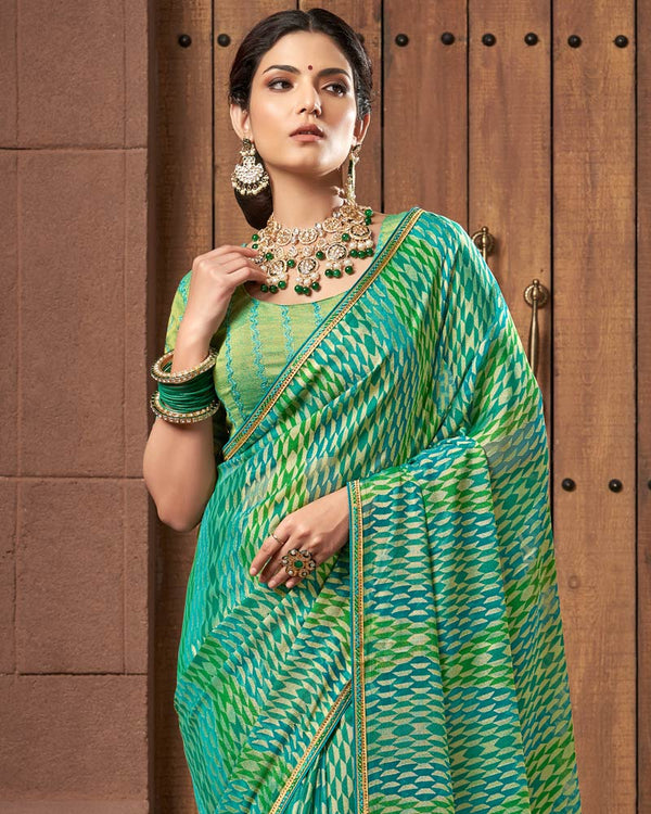 Vishal Prints Dark Turquoise Blue Designer Chiffon Brasso Saree With Fancy Diamond Piping