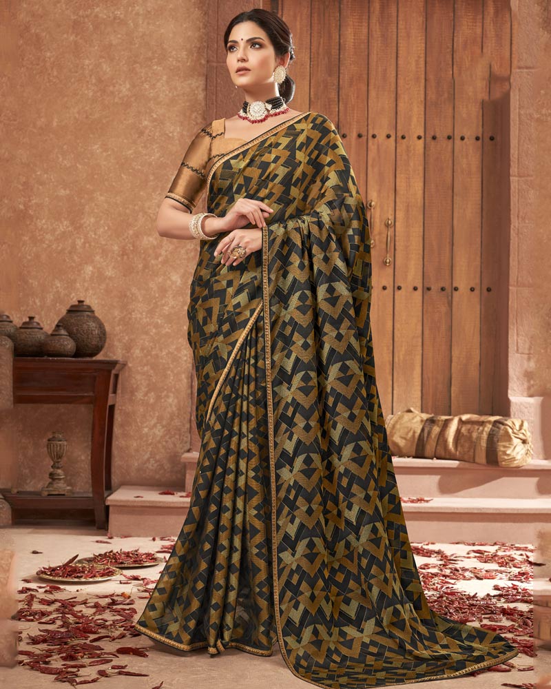 Vishal Prints Black Designer Chiffon Brasso Saree With Fancy Diamond Piping