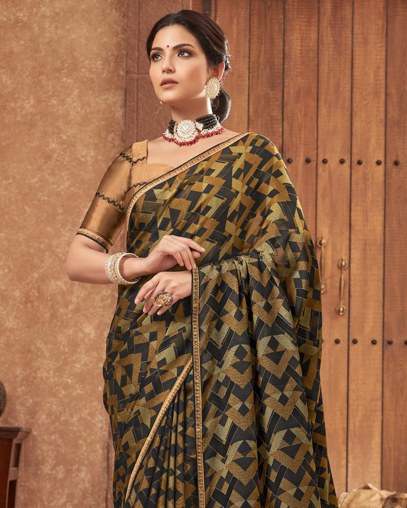Vishal Prints Black Designer Chiffon Brasso Saree With Fancy Diamond Piping