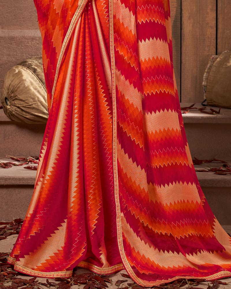 Vishal Prints Tomato Red Designer Chiffon Brasso Saree With Fancy Diamond Piping