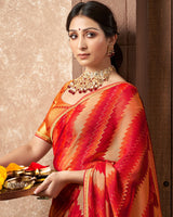 Vishal Prints Tomato Red Designer Chiffon Brasso Saree With Fancy Diamond Piping