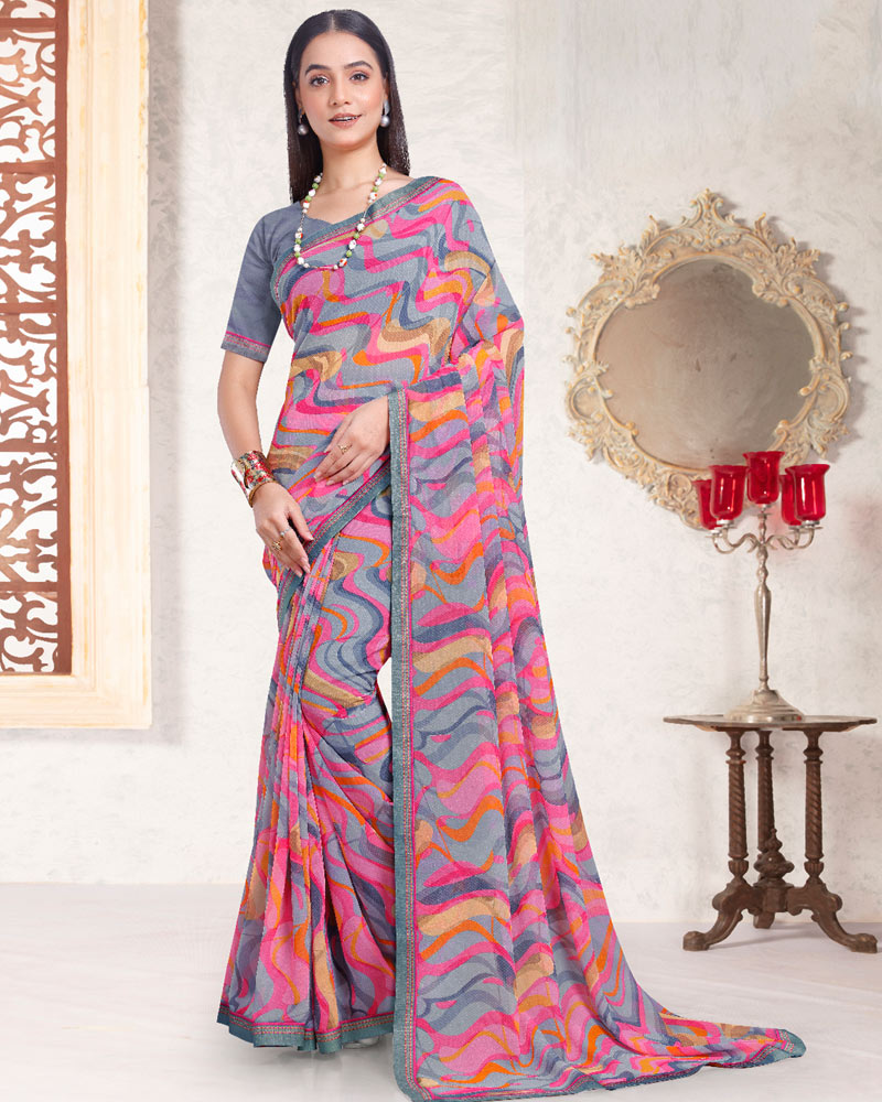 Vishal Prints Greyish Purple Printed Georgette Saree With Fancy Border