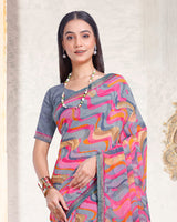 Vishal Prints Greyish Purple Printed Georgette Saree With Fancy Border