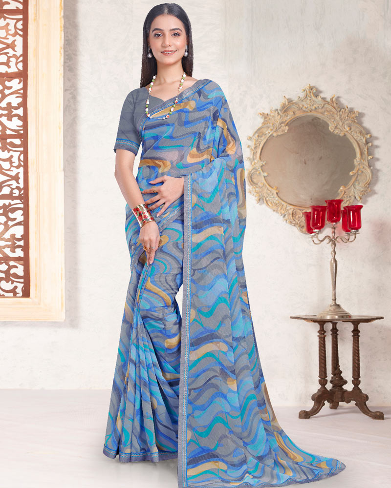 Vishal Prints Dark Pastel Blue Printed Georgette Saree With Fancy Border