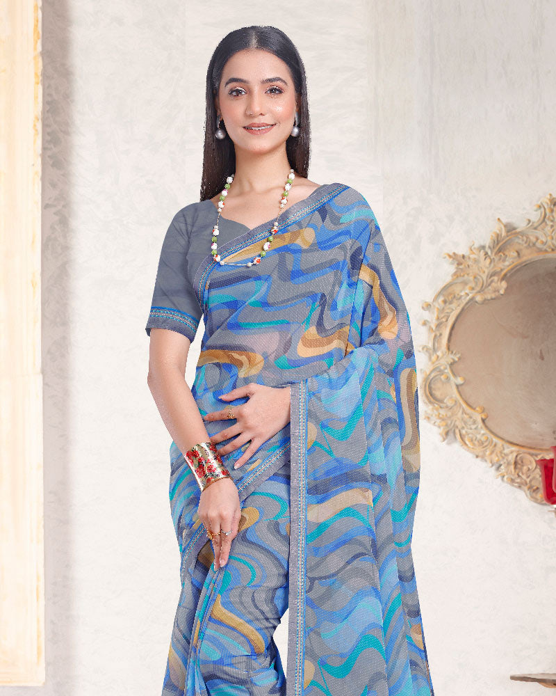 Vishal Prints Dark Pastel Blue Printed Georgette Saree With Fancy Border