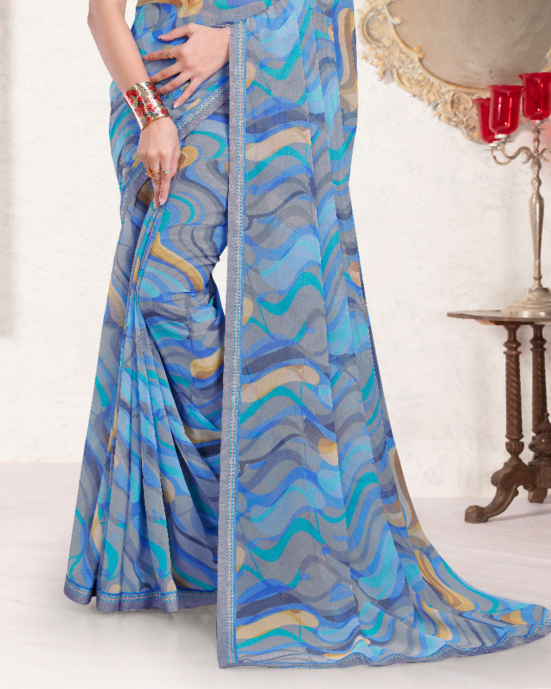 Vishal Prints Dark Pastel Blue Printed Georgette Saree With Fancy Border
