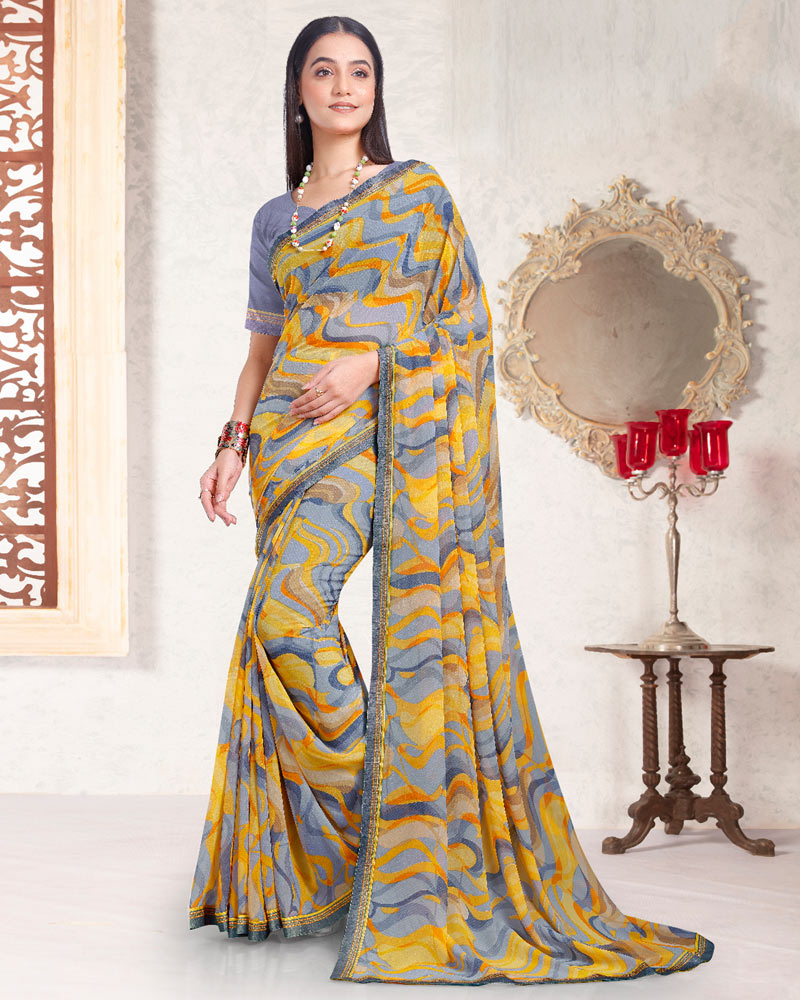 Vishal Prints Golden Yellow Printed Georgette Saree With Fancy Border