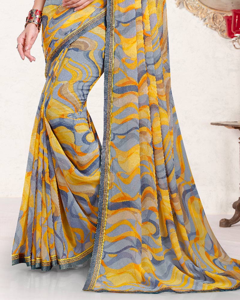 Vishal Prints Golden Yellow Printed Georgette Saree With Fancy Border