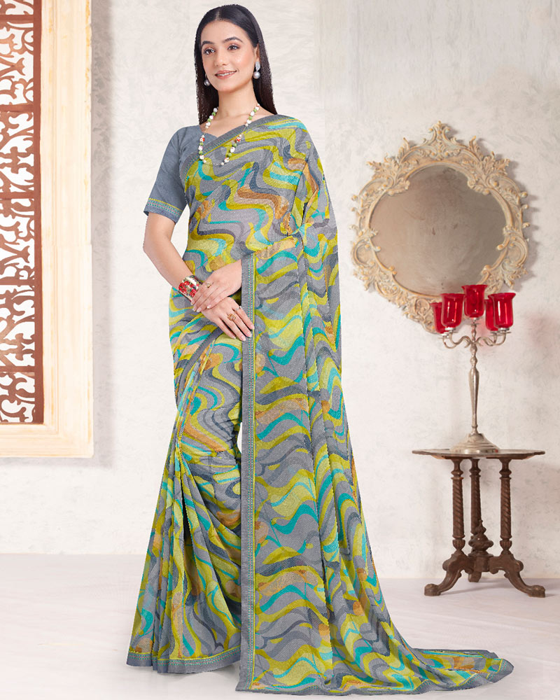 Vishal Prints Olive Yellow Printed Georgette Saree With Fancy Border