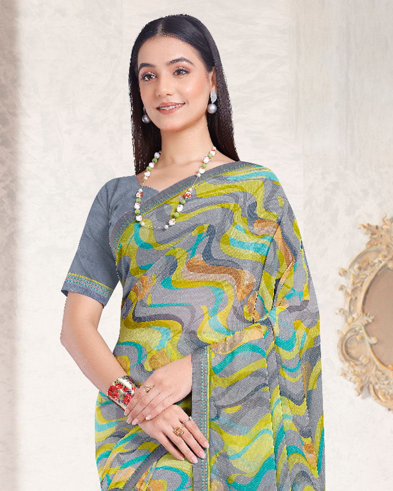 Vishal Prints Olive Yellow Printed Georgette Saree With Fancy Border