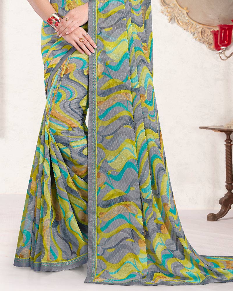 Vishal Prints Olive Yellow Printed Georgette Saree With Fancy Border