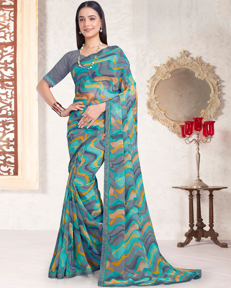 Vishal Prints Sea Green Printed Georgette Saree With Fancy Border