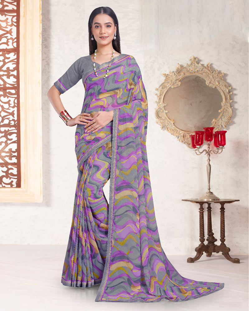Vishal Prints Lavender Purple Printed Georgette Saree With Fancy Border