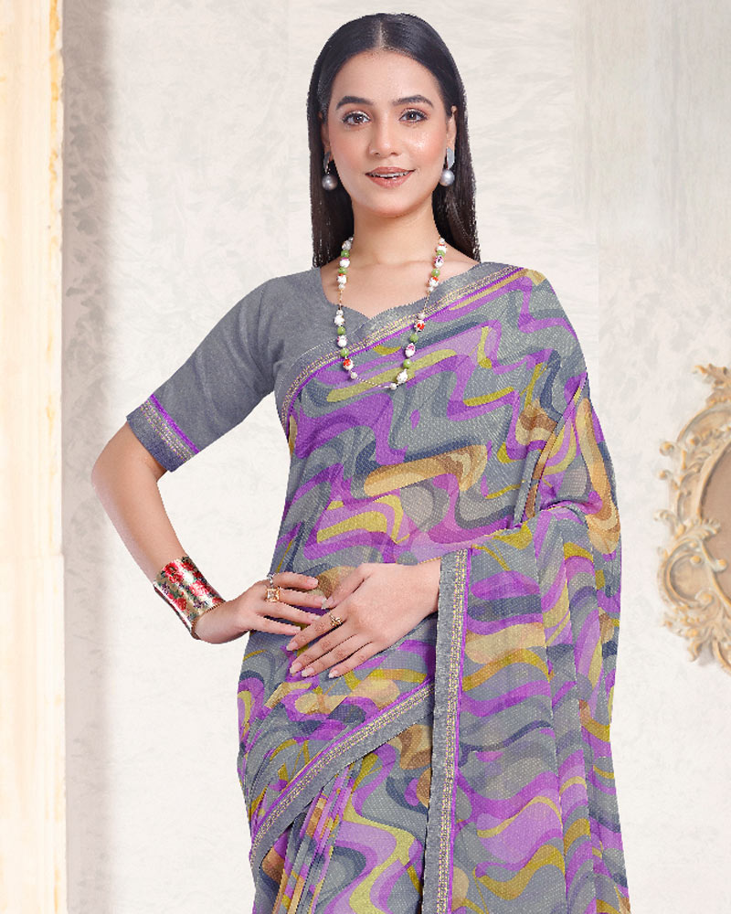 Vishal Prints Lavender Purple Printed Georgette Saree With Fancy Border
