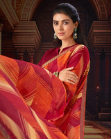 Vishal Prints Burgundy Printed Moss Chiffon Saree With Fancy Border